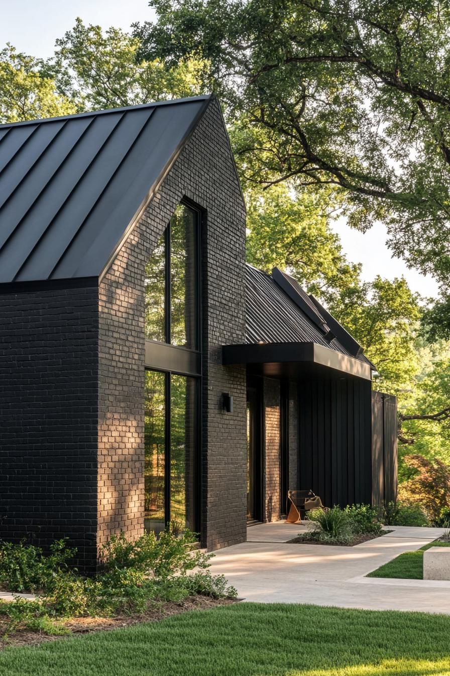 modern barndominium home black brick facade and black metal roof stunning green hill landscape