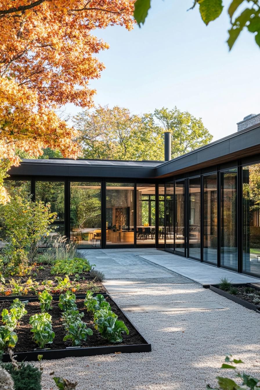 modern farmhouse L shaped house courtyard with vegetable garden 2