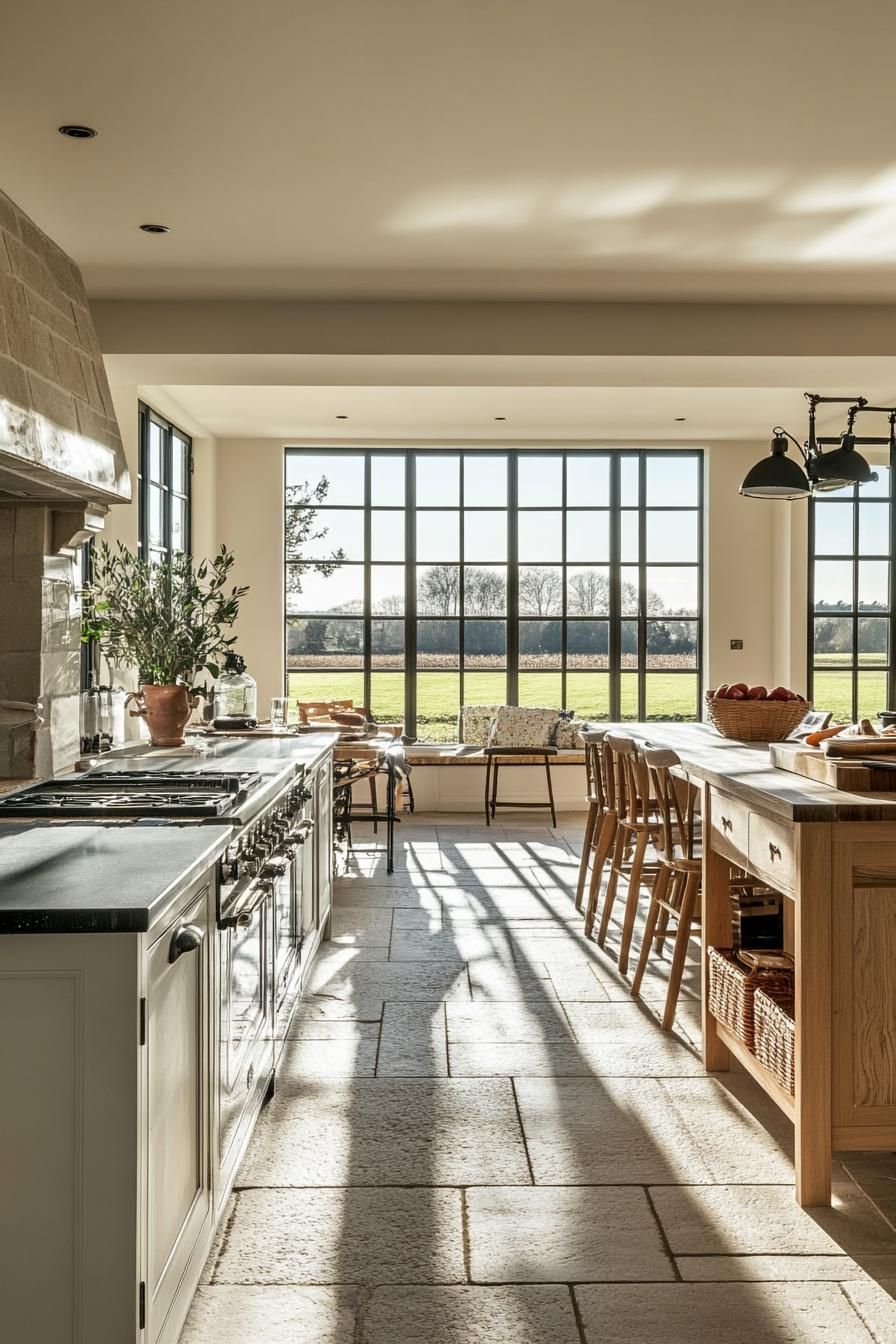 modern English cottage open layout kitchen with large windows overlooking stunning farm fields