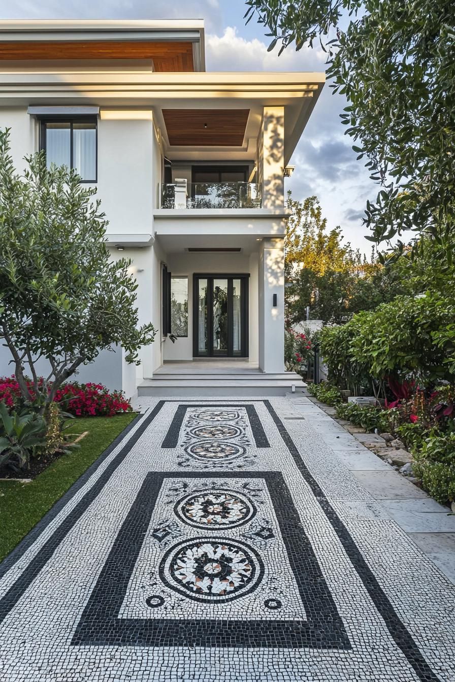 modern terrace house front yard mosaic path mediterranean