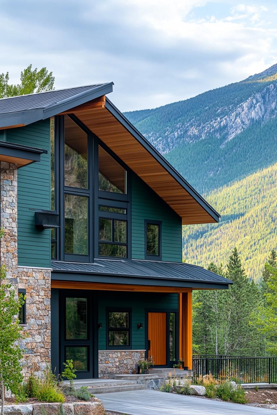 modern mountain bungalow facade hunter green with wooden siding and stone accents imposing mountain in the background 3