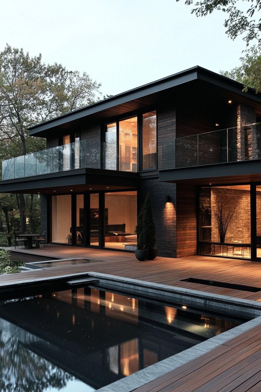 modern wood house dark stained timber facade with glass railings wooden deck leading to a small pool 2