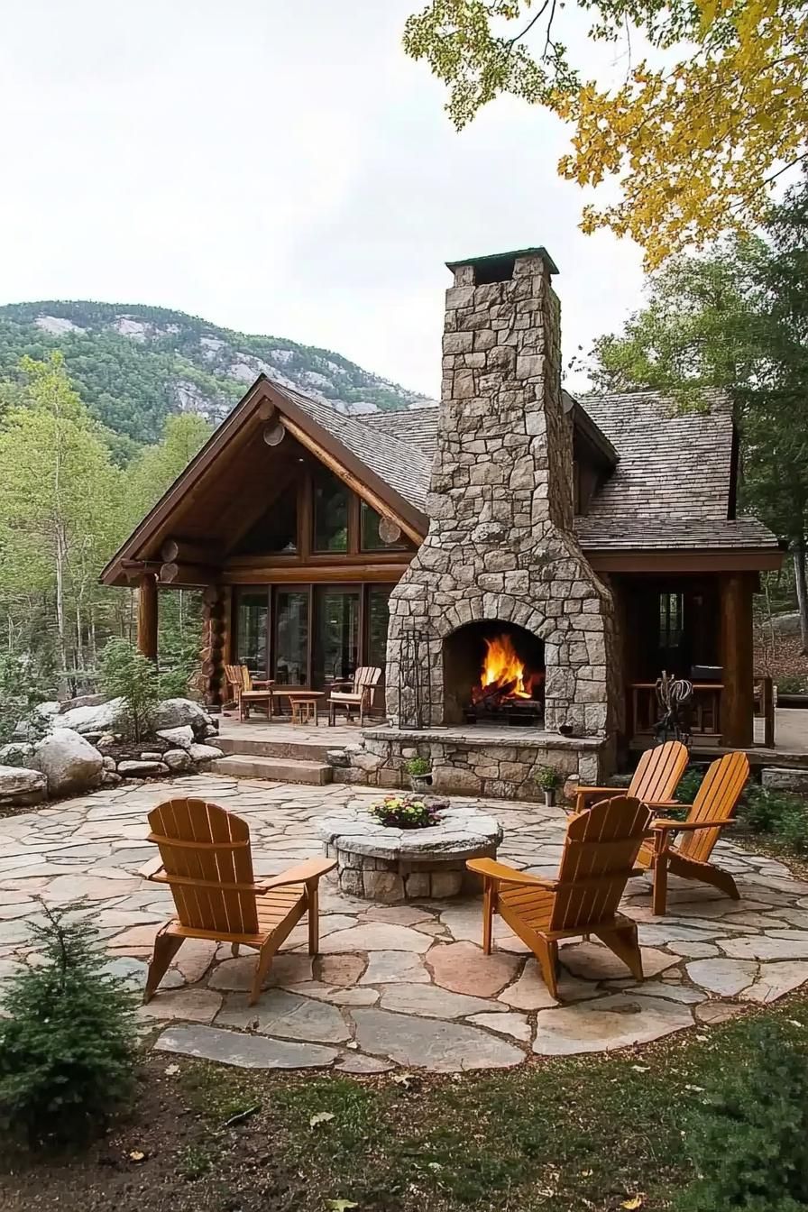 log cabin with outdoor fireplace stone paved patio with adirondack chairs imposting mountain in the background