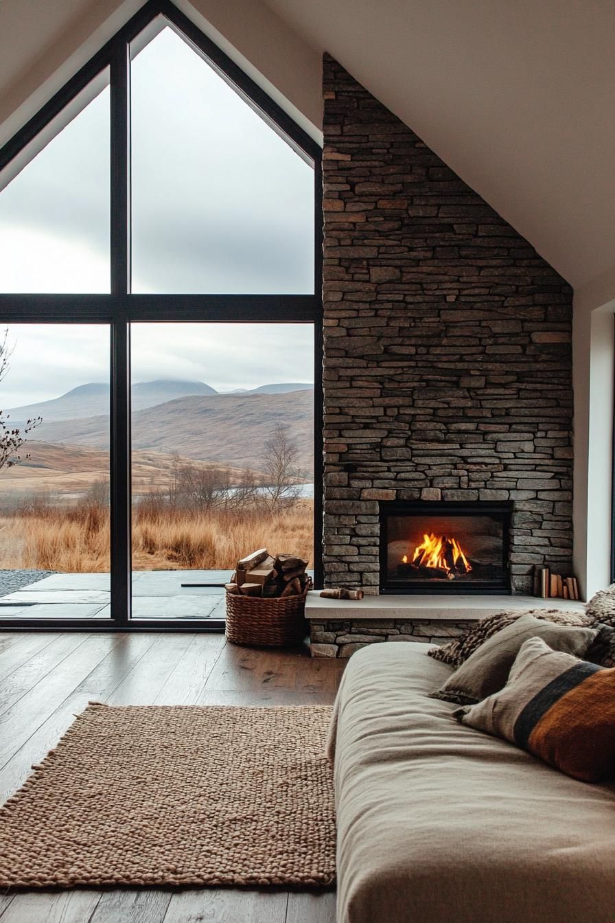 modern English cottage stone fireplace with modern insert large windows overlooking Scotland mountains 2