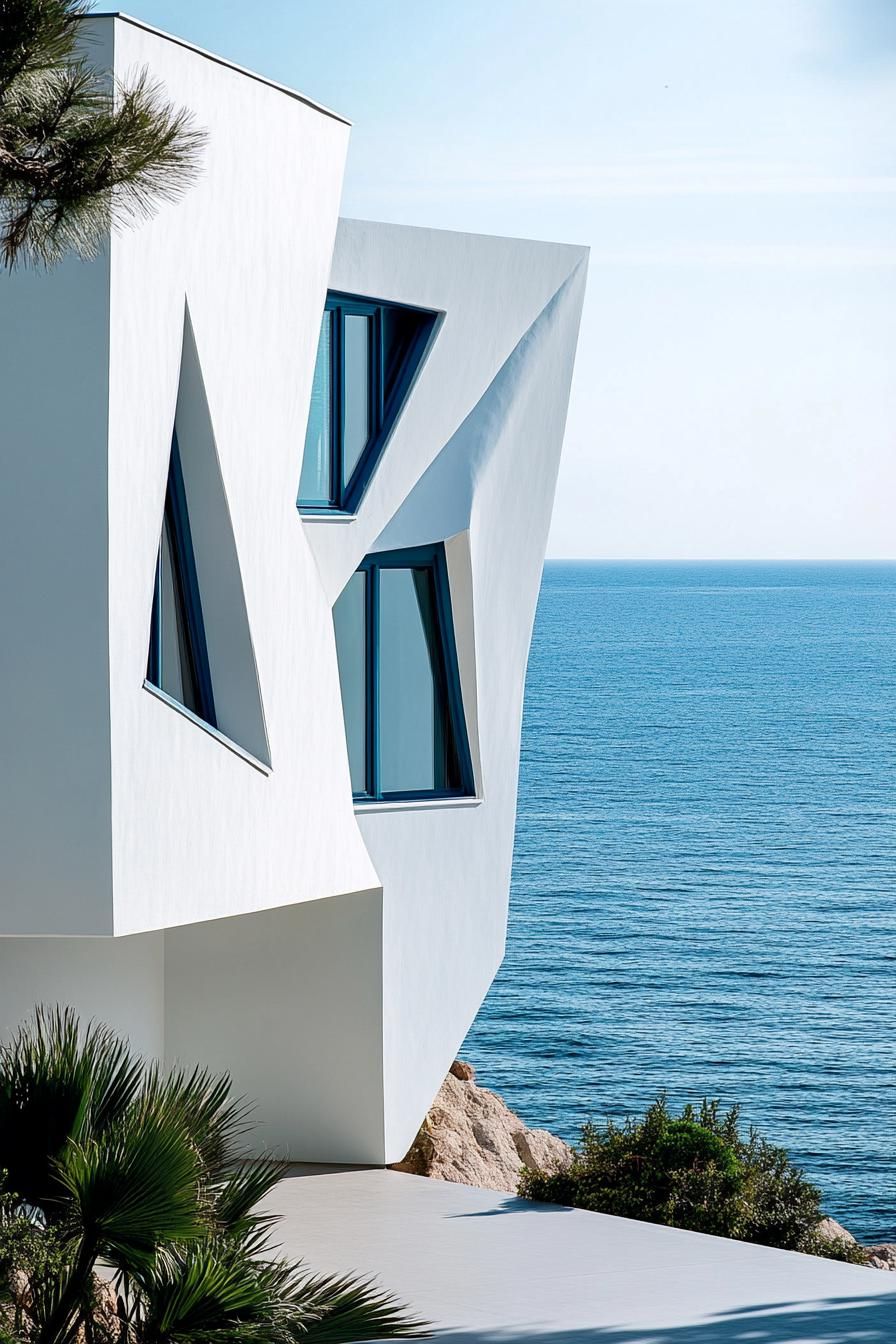 modern white geometric villa house facade with blue trim ocean views