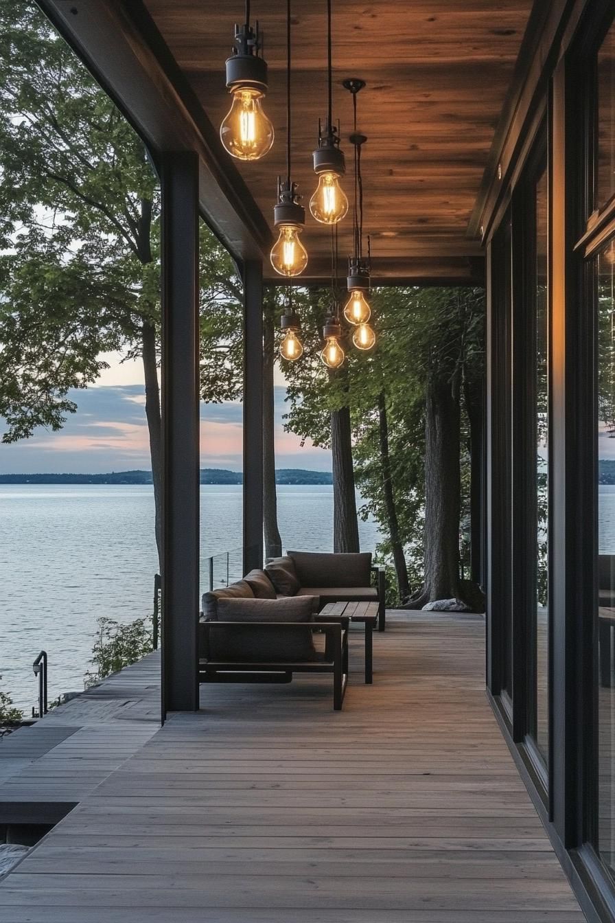 modern industrial house porch with edison lightbulb pendants visible beautiful lake view 3