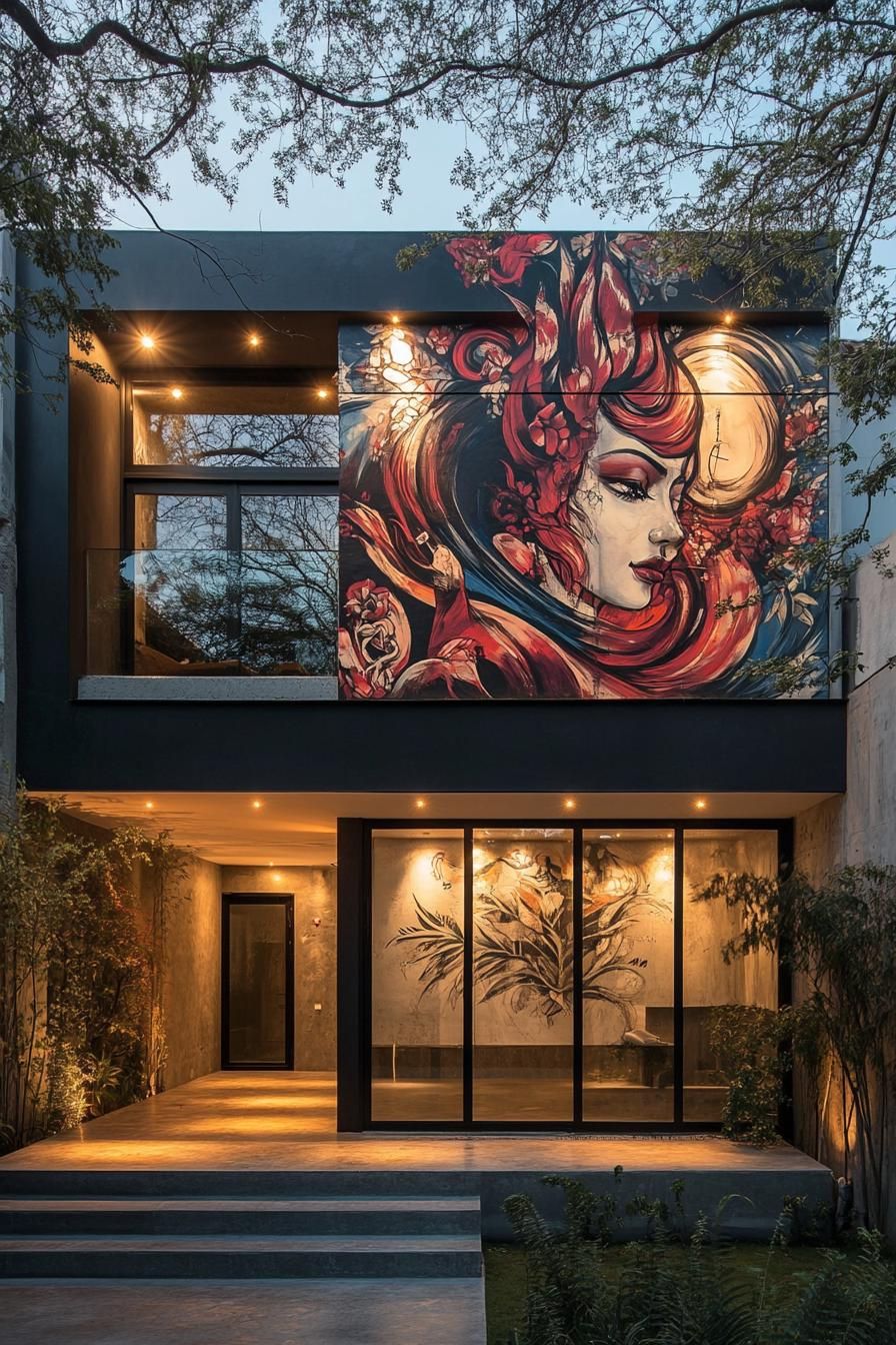 modern terrace house facade with wall art mural
