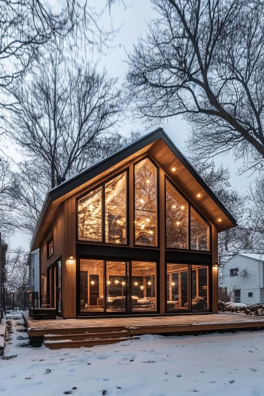modern house with natural cedar shiplap exterior and full wall windows classic gable roof winter trees