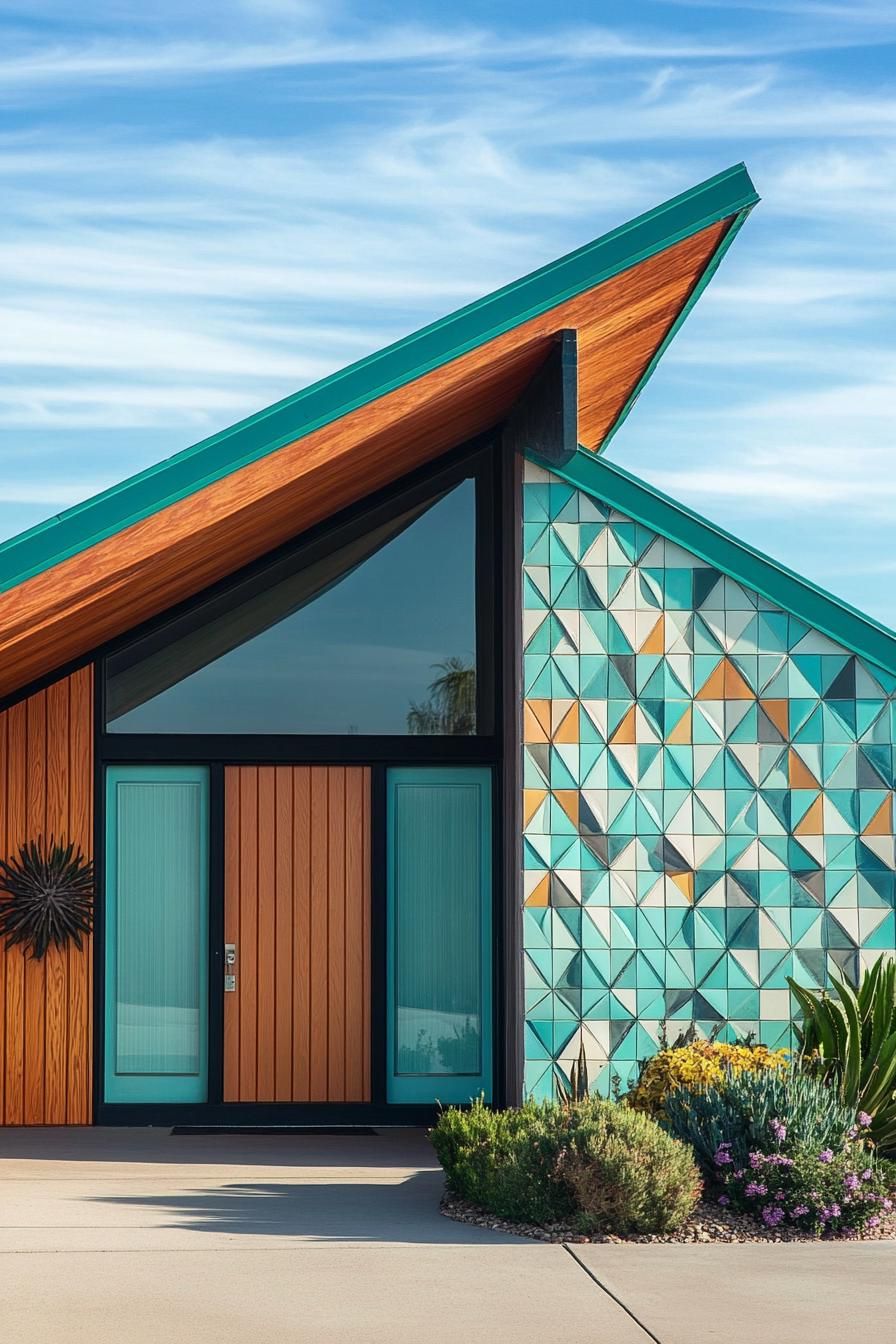 mid century modern house facade in turquoise and tengerine colors and geometric patterns 3