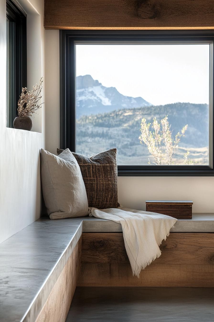 modern industrial style home interior with under window sill storage bench and stunning mountain views 2