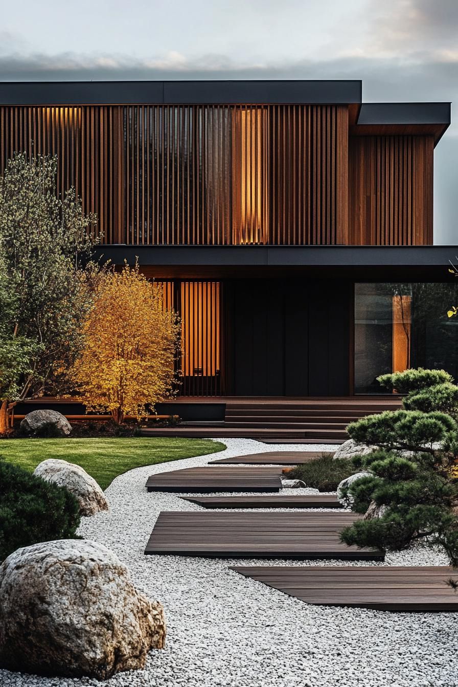 modern minimalist wooden house facade with vertical slats front zen garden with gravel paths 2
