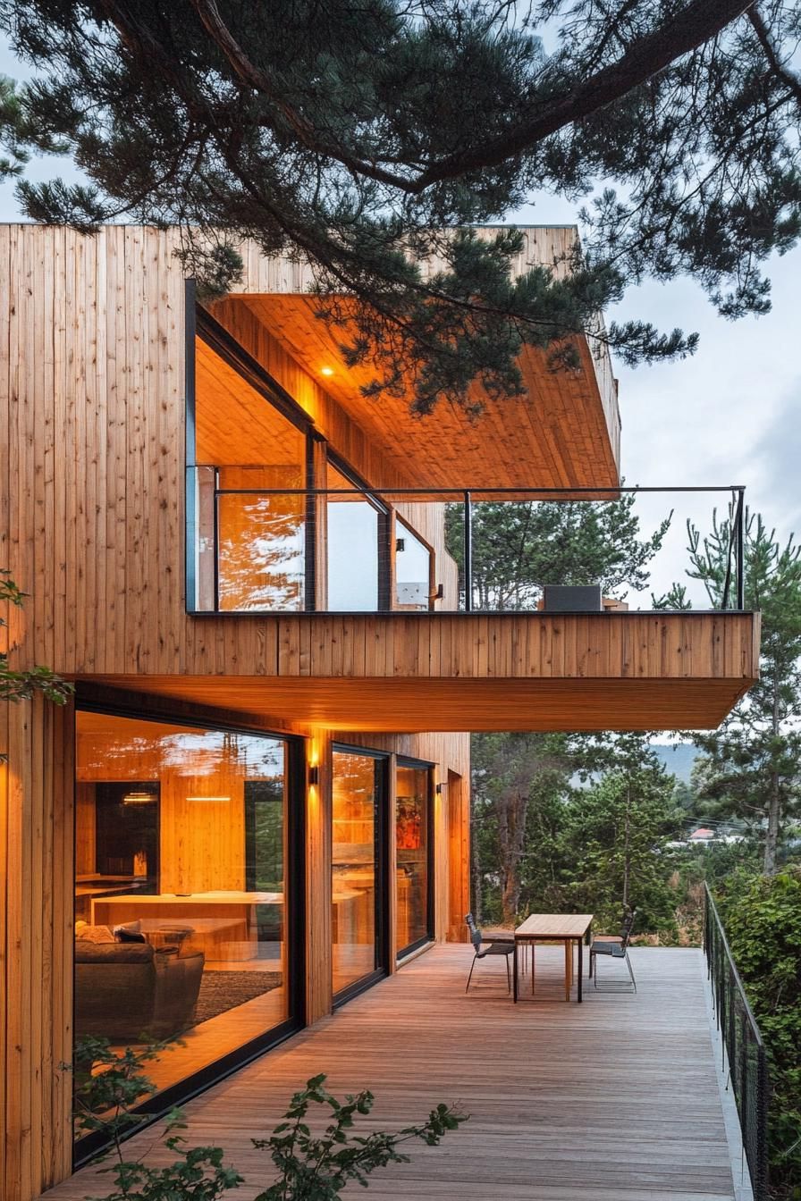 modern wood knotty pine wood house facade cantilevered hillside long narrow facade
