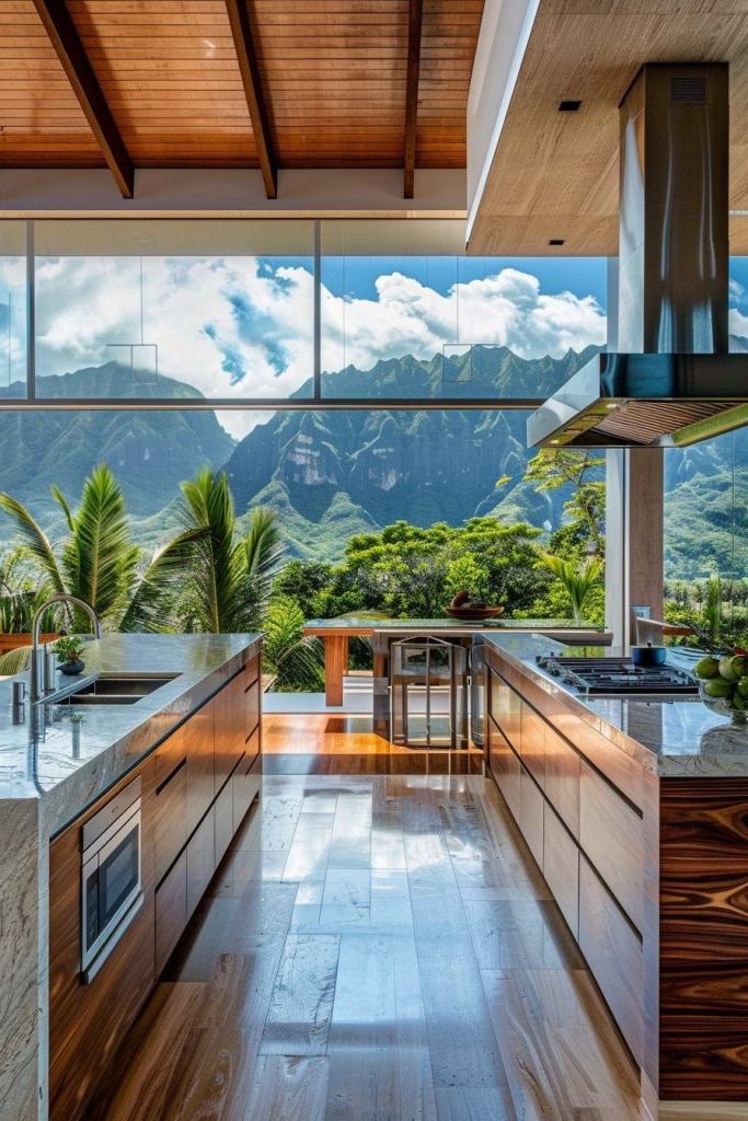 kitchen full wall windows and tropical mountains