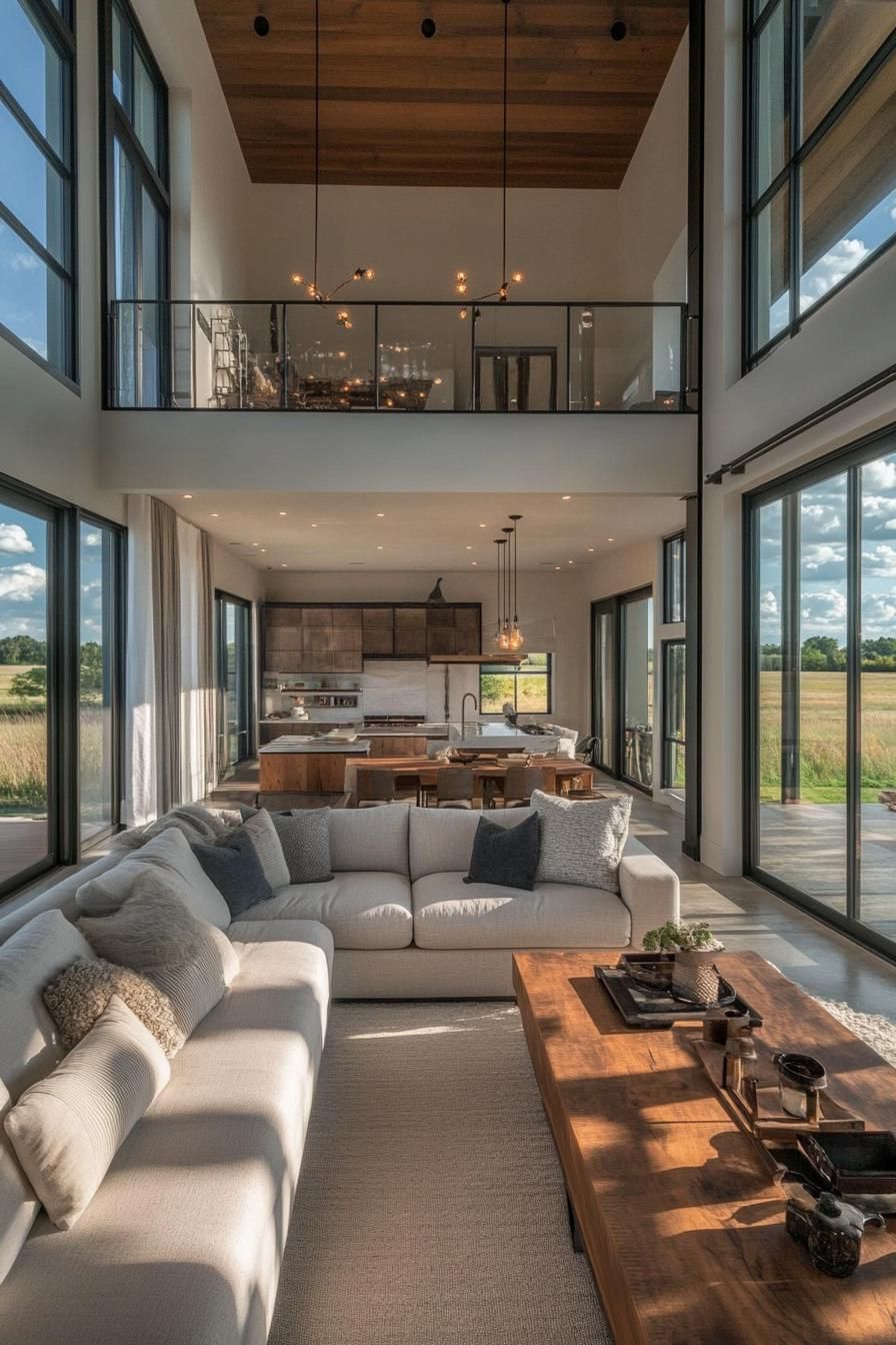 modern farmhouse home L shaped living room with double height ceiling large windows overlooking picturesque farm fields