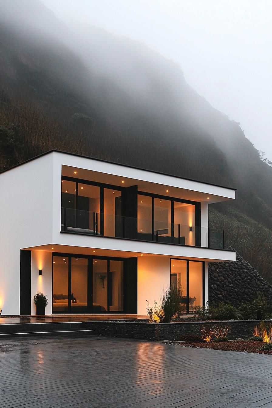 modern industrial style house white facade and black light fixtures imposing misty mountain in the background