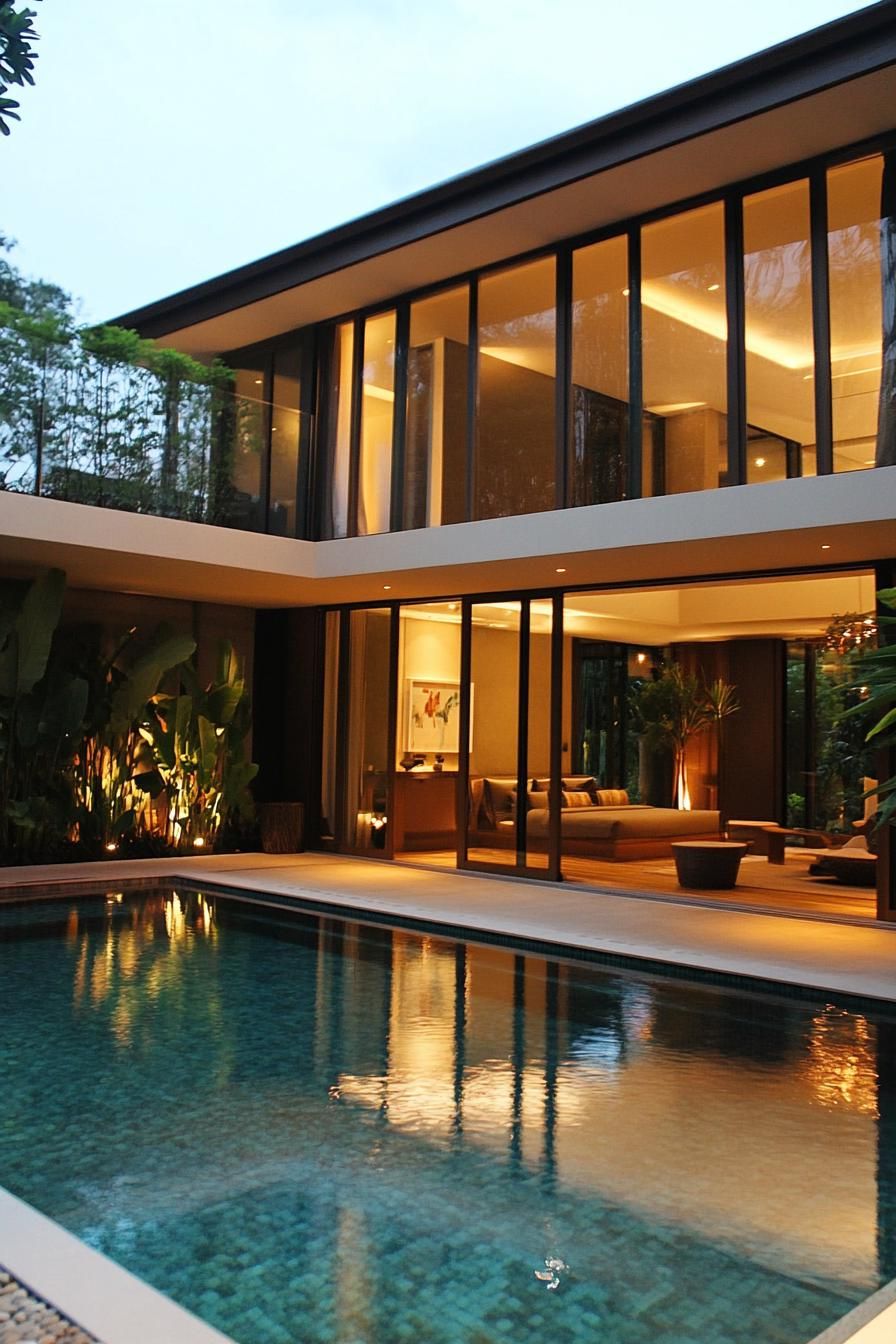 luxury modern house courtyard with outdoor pool connected inside with large glass doors 3