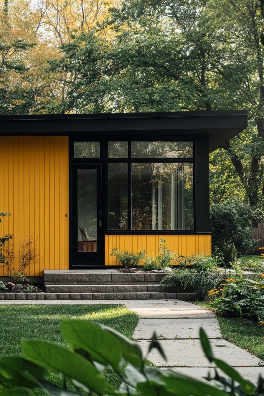 mid century modern house facade in sunshine yellow color with olive and black details 3