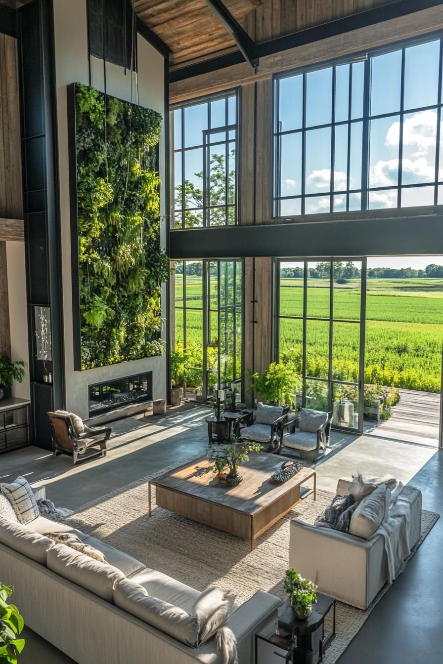 modern barn style home farmhouse modern interior with indoor vertical garden stunning green farmland fields visible through large windows
