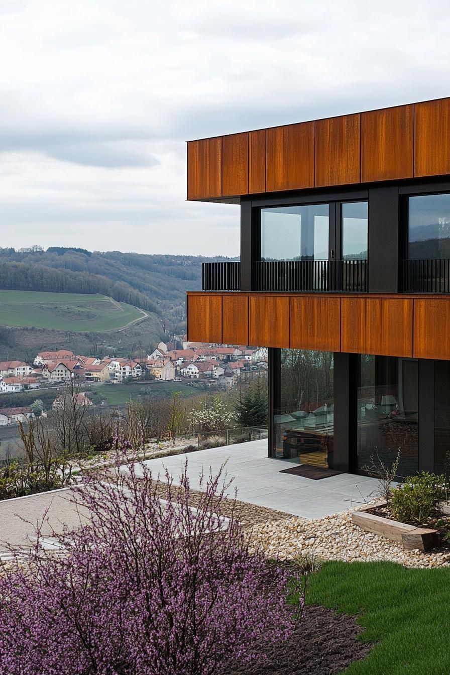 modern timber frame house facade with corten steel elements full house view with a hilly town in the distance 2