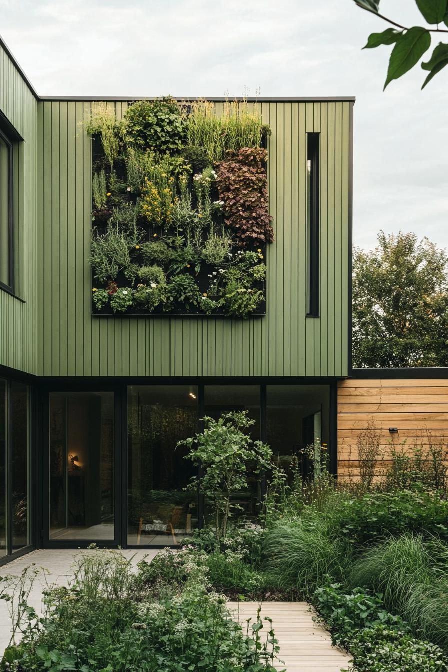 modern sage green cladded house courtyard with vertical herb garden 3
