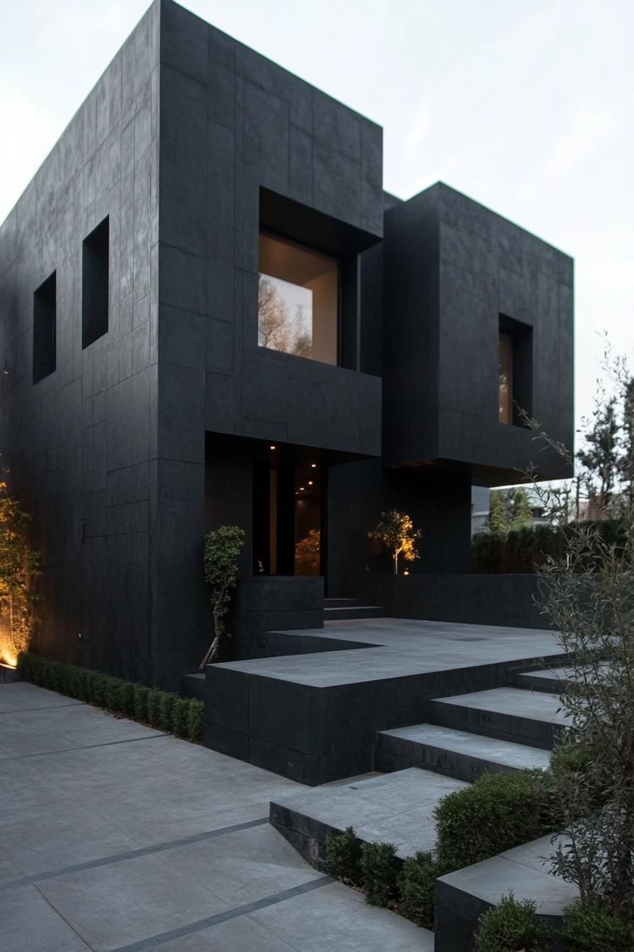 modern dark house black steel and concrete facade 3