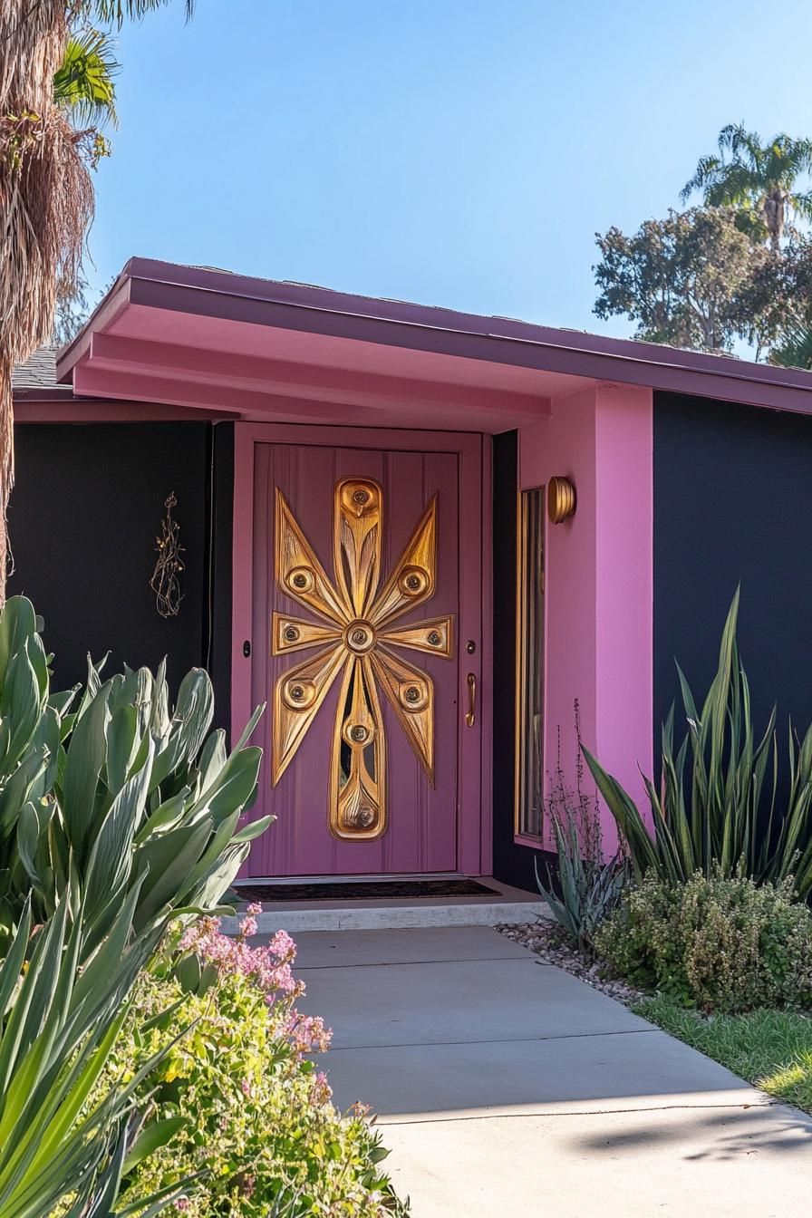 mid century modern house facade in deep plum and blush pink colors with retro gold accents 3