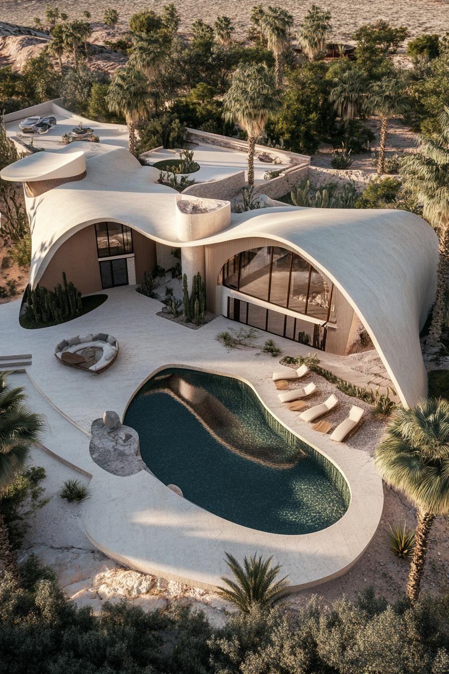 luxury desert villa geometric flower petal shaped facade with large courtyard oasis birds eye view 2