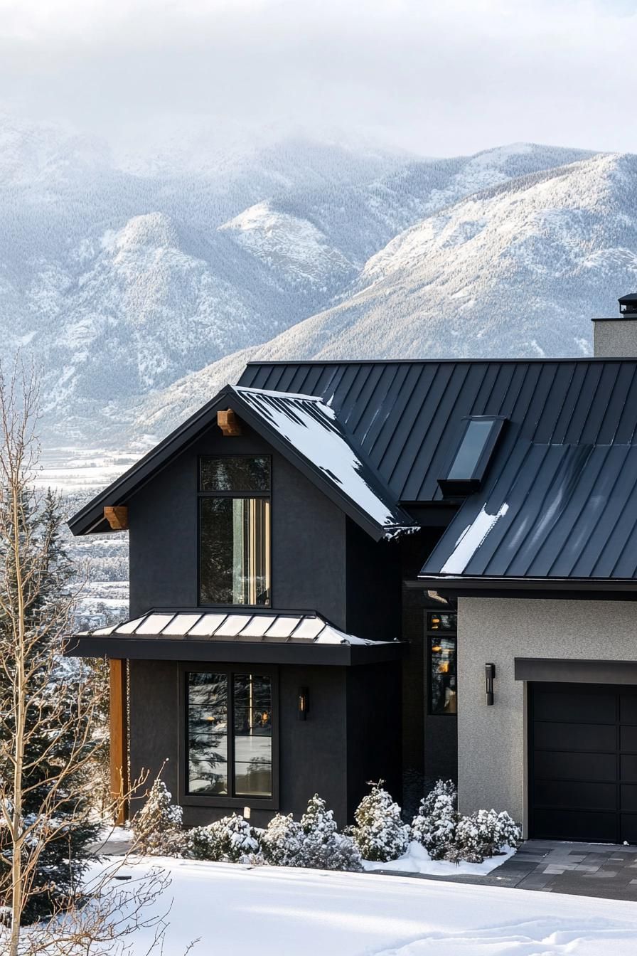 modern house charcoal stucco facade with black metal roof winter mountains in the background 2