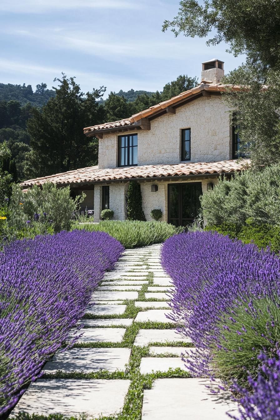 modern French mediterranean house garden pathway lined with lavenders
