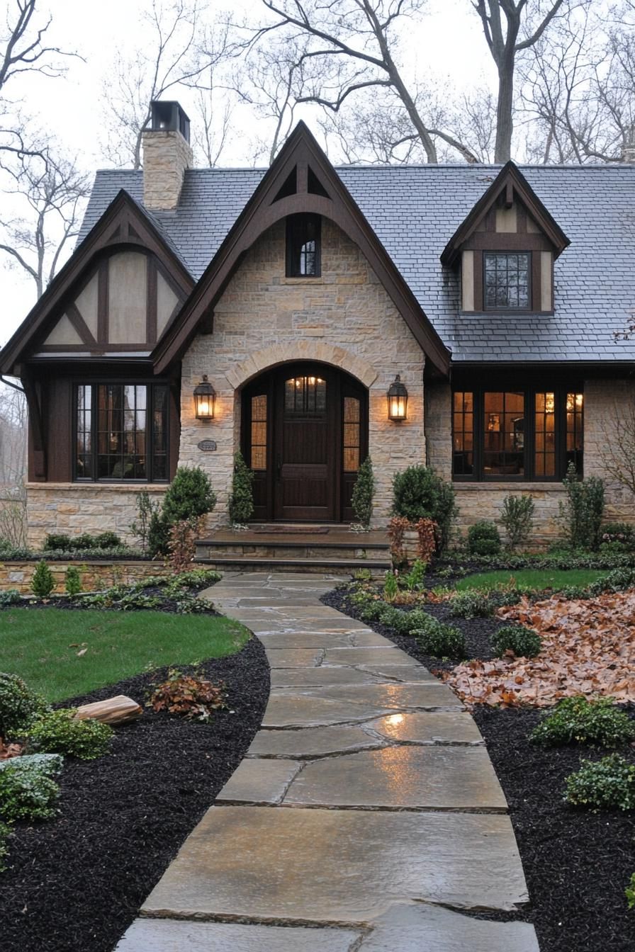 craftsman house in stone siding natural wood accents tudor style roof detailing small porch black mulch and concrete path landscape 1