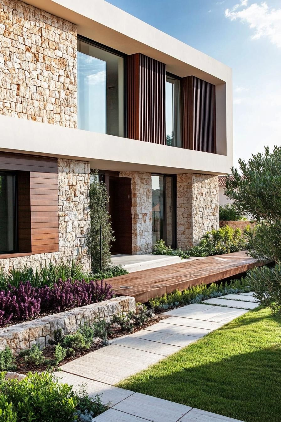 modern terrace house facade with rustic stone cladding mediterranean front garden