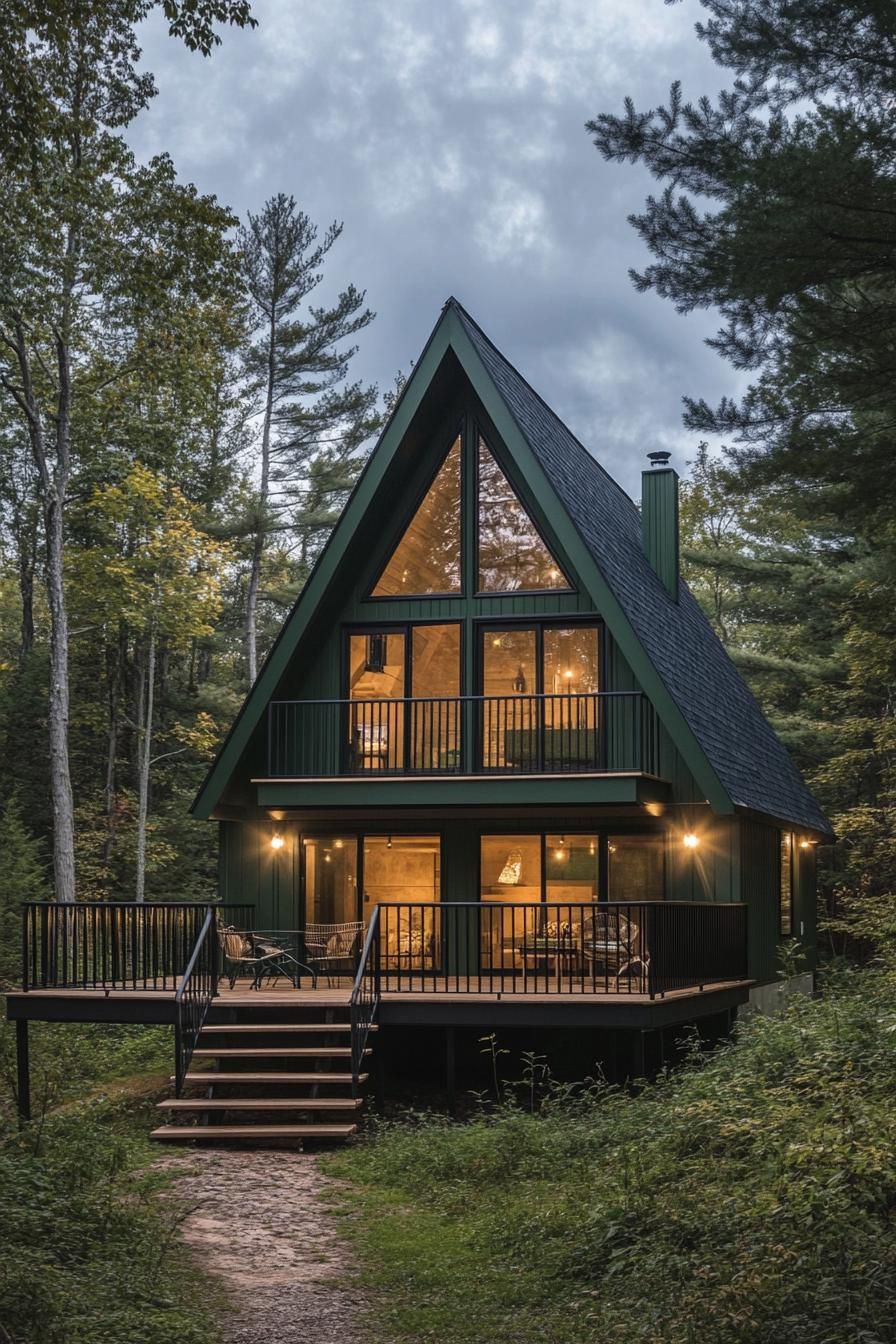modern deep dark green a frame house with black shingle roof balcony with horizontal slat railing elevated deck at the front of the house same color 3