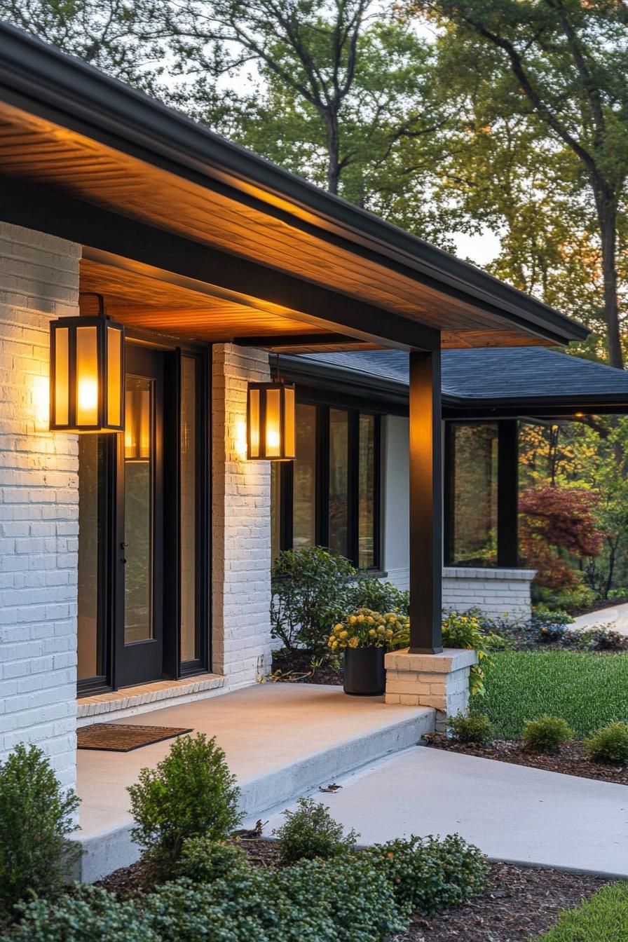 mid century modern house front porch with retro lighting