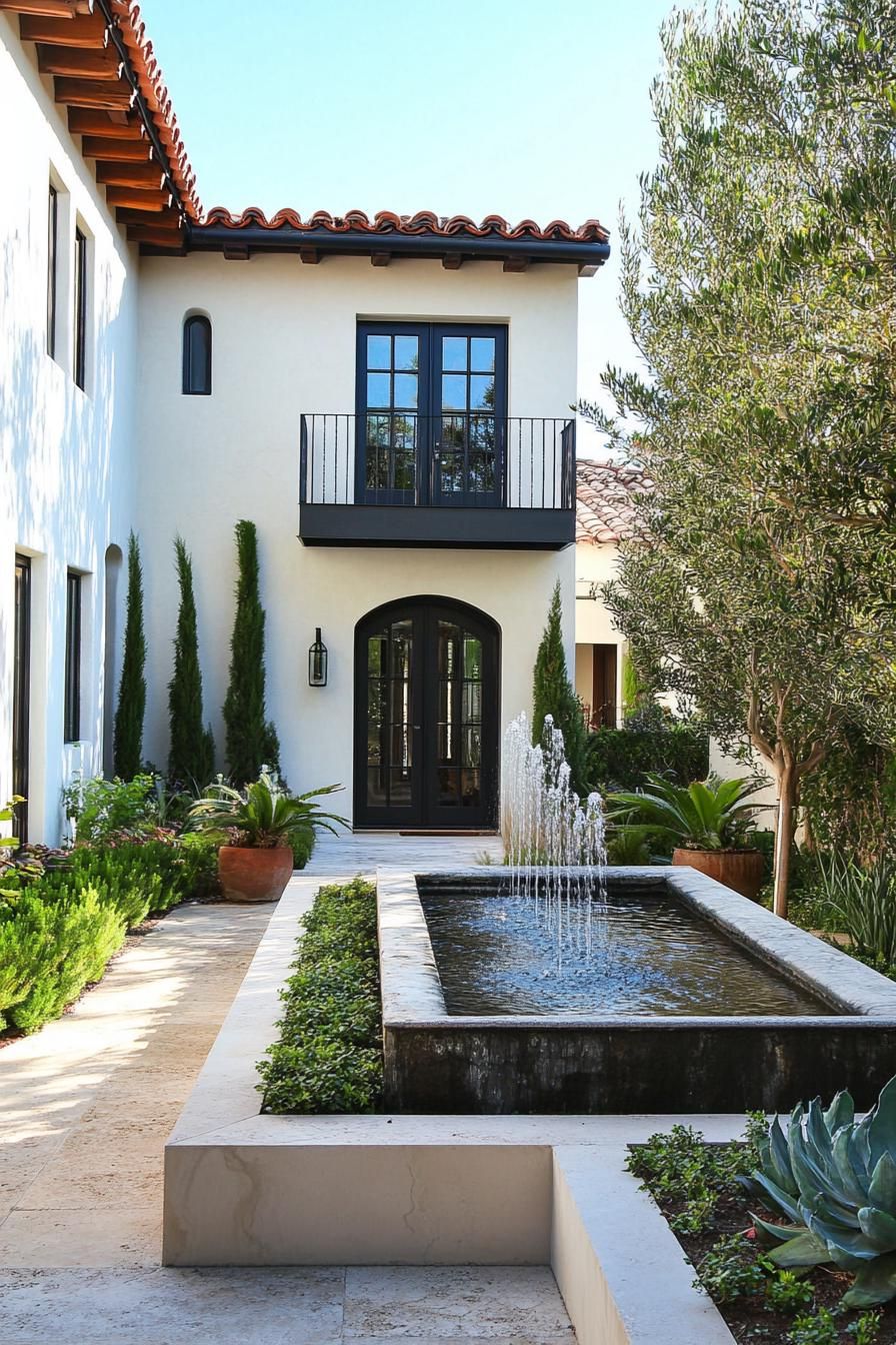 small modern mediterranean house courtyard with fountain and garden 2