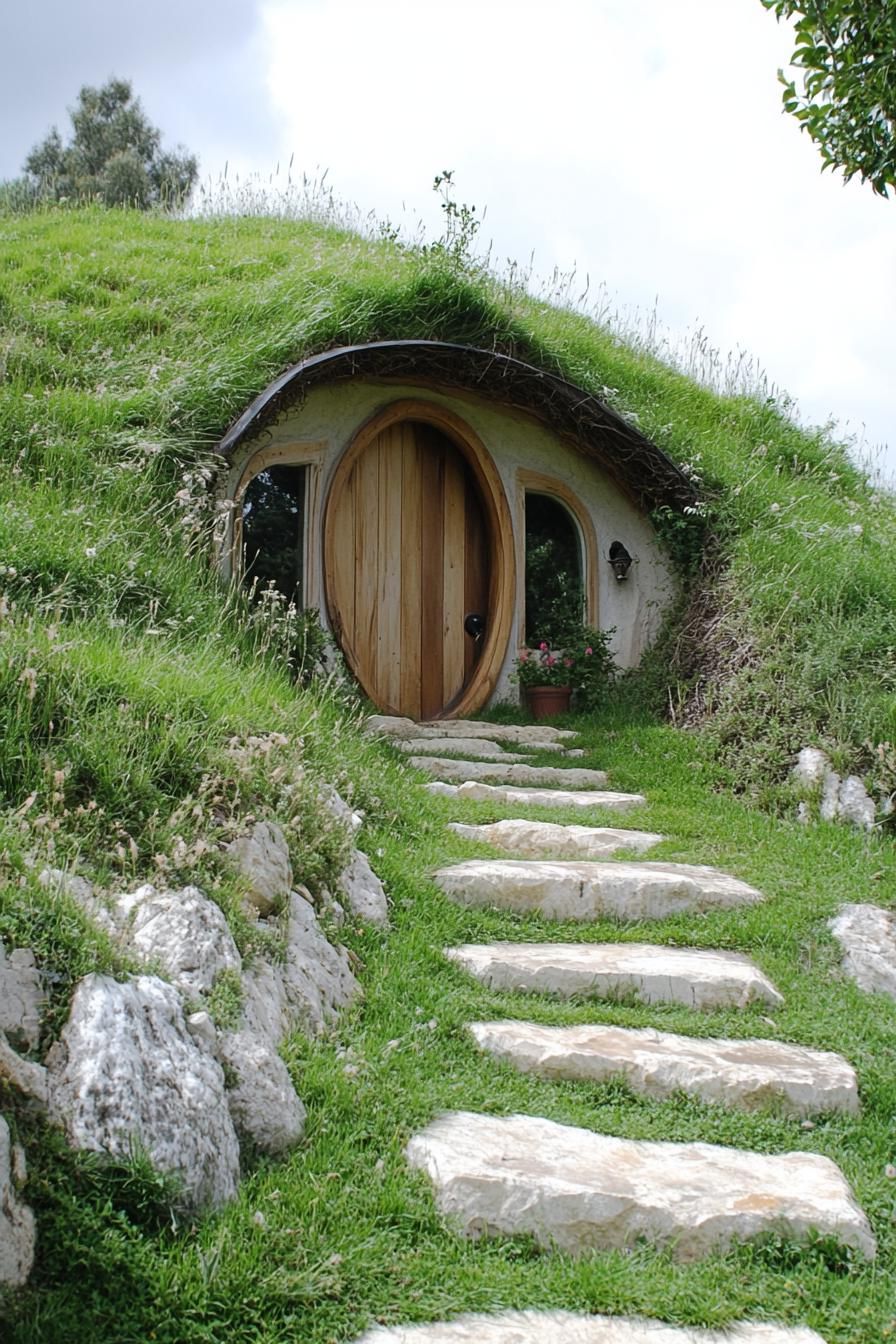 front of an earth sheltered house with large built into hillside door covered in grass 3