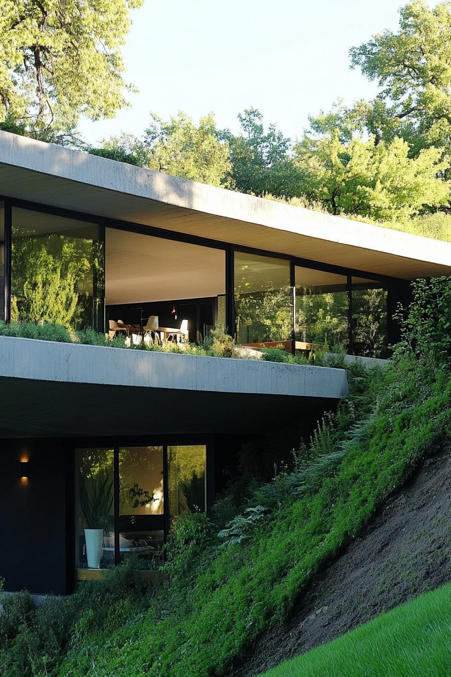 modern earth sheltered house built into hillside with cantilevered deck on the side 2
