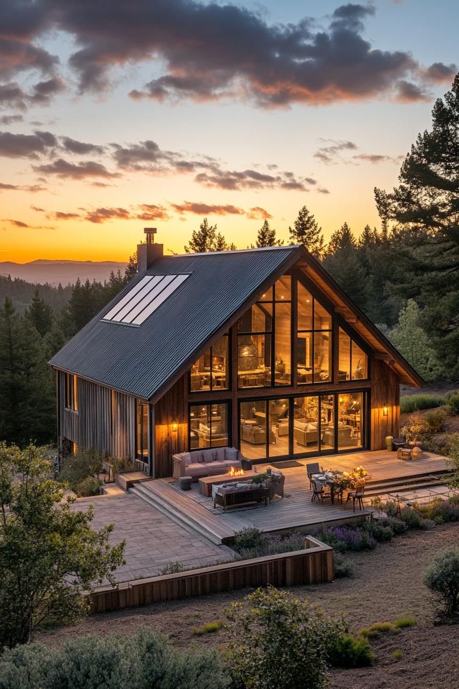 modern barn style house with wraparound porch with outdoor furniture on a hill surrounded by forrest with sunset view