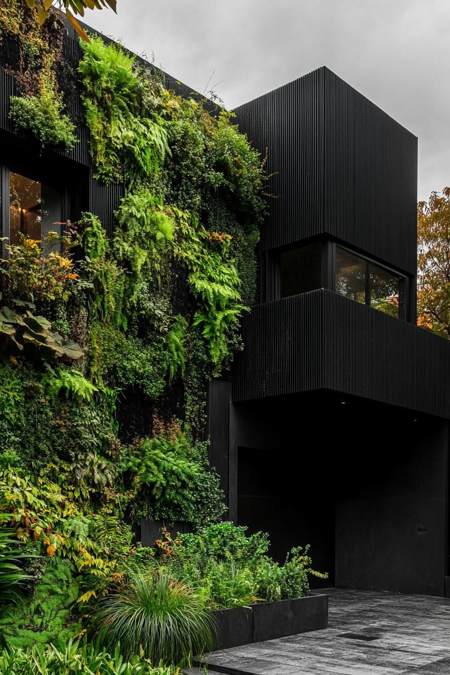 modern all black house yard with black steel fence and lush green vertical garden 2