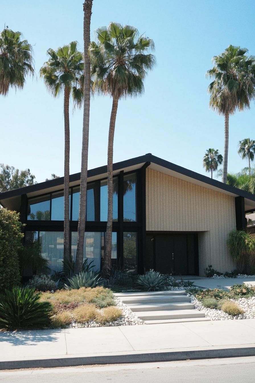70s midcentury house facade with large windows tall palm trees in the front yard 2
