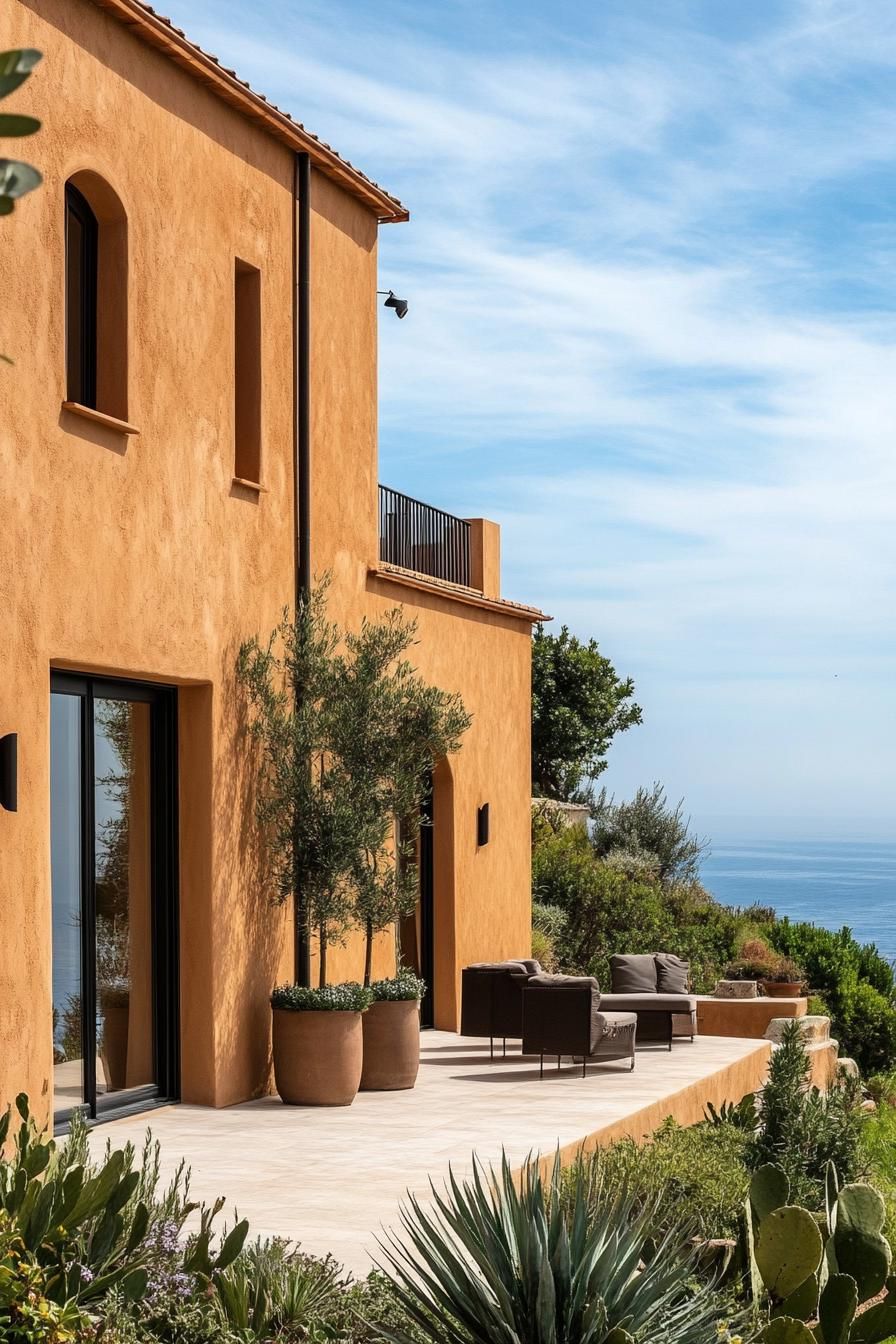 modern Italian mediterranean house facade with earthy tone stucco Italian coast views 2