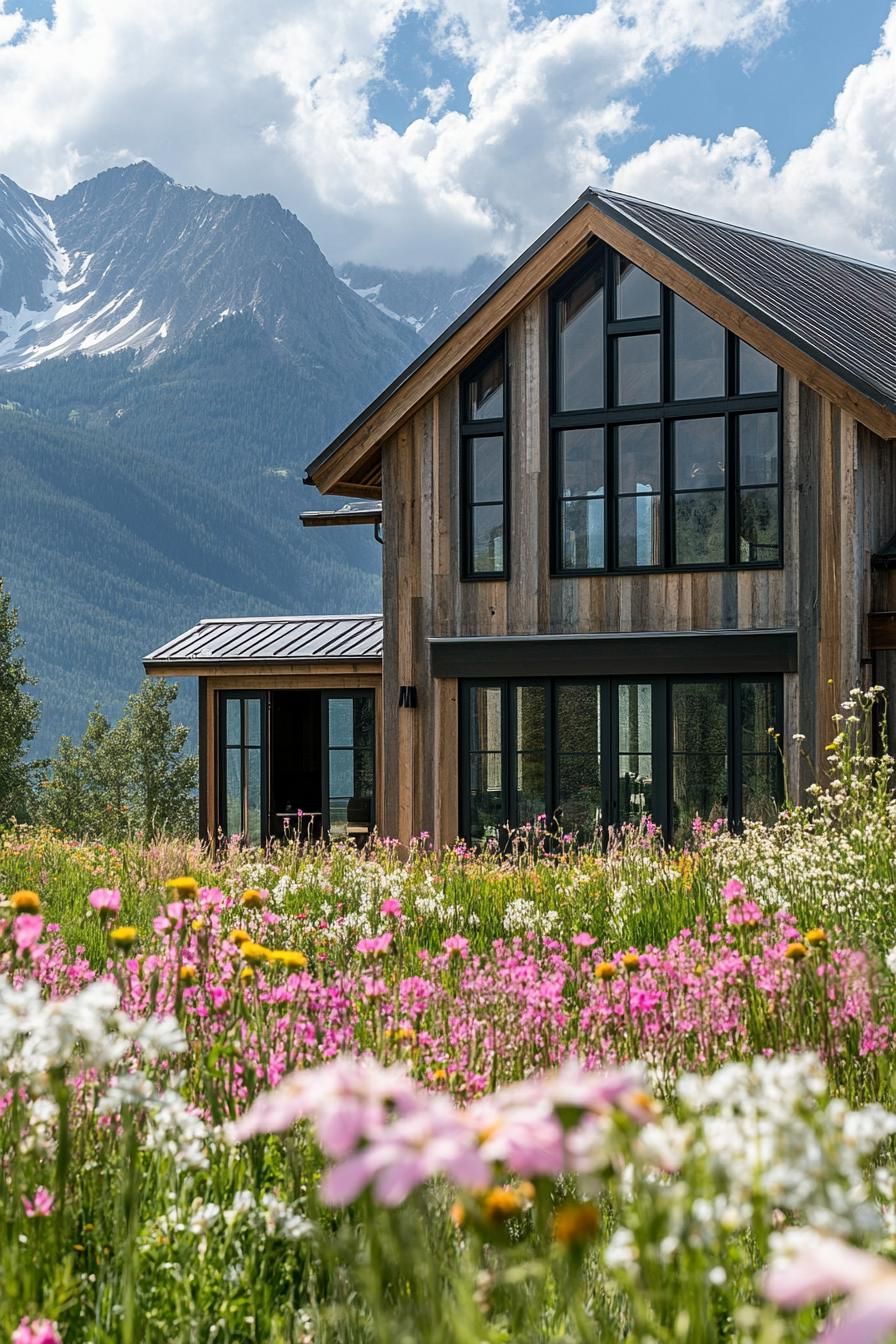 modern wooden mountain house facade features rustic weathered siding and large multipanel windows allowing ample natural light to permeate its