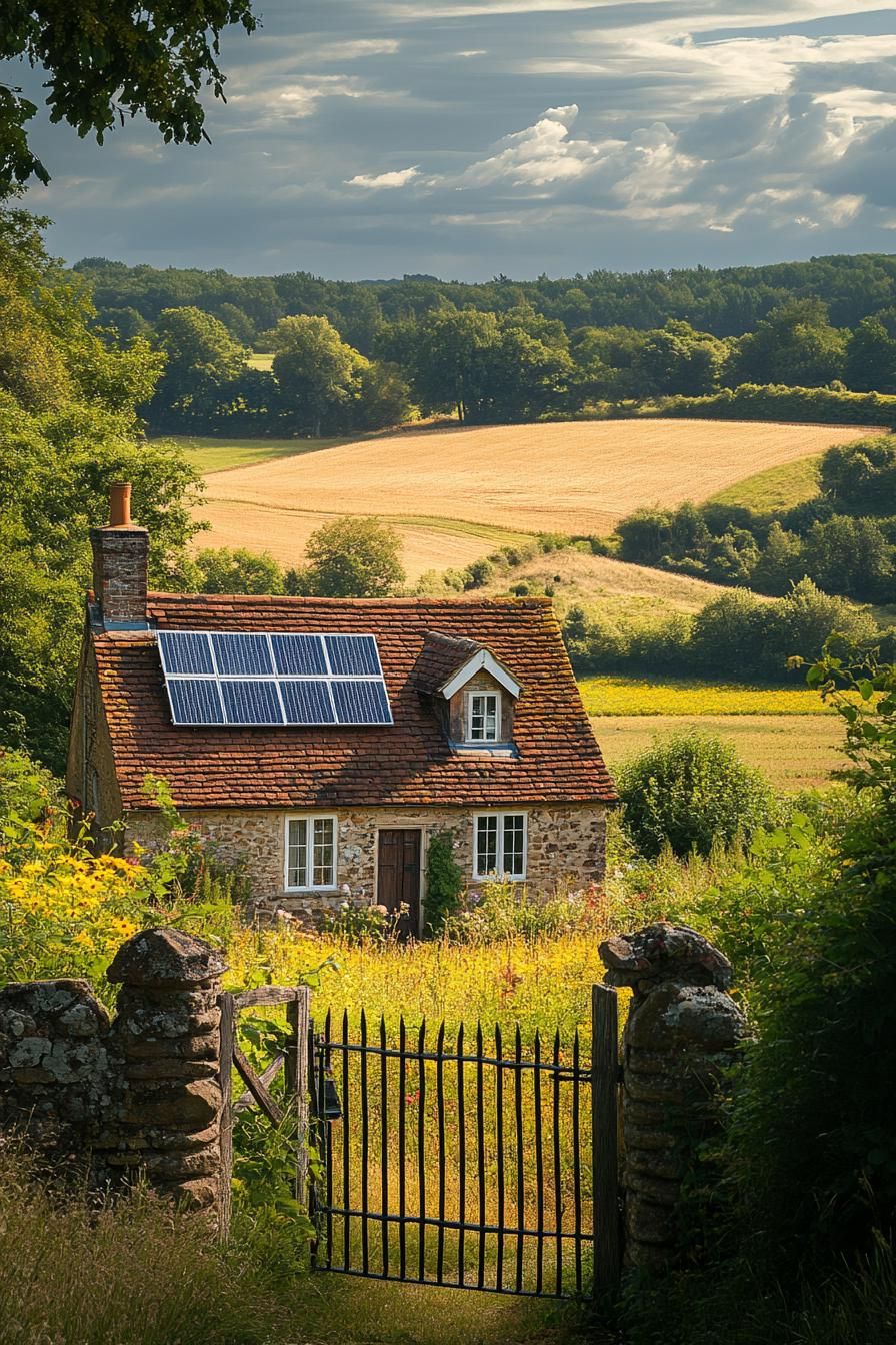 English cottage with gabled roof and solar panels sunny summer fields 2