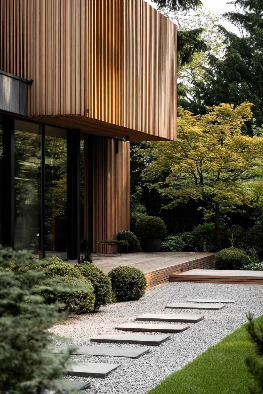 modern minimalist wooden house facade with vertical slats front zen garden with gravel paths