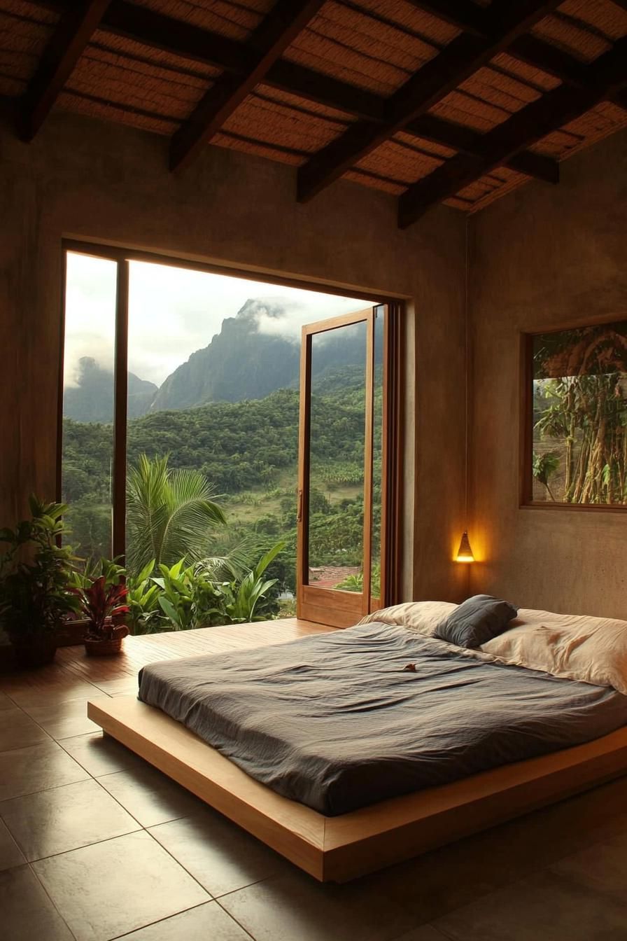 modern zen style bedroom with low profile bed large window overlooking tropical mountains 2