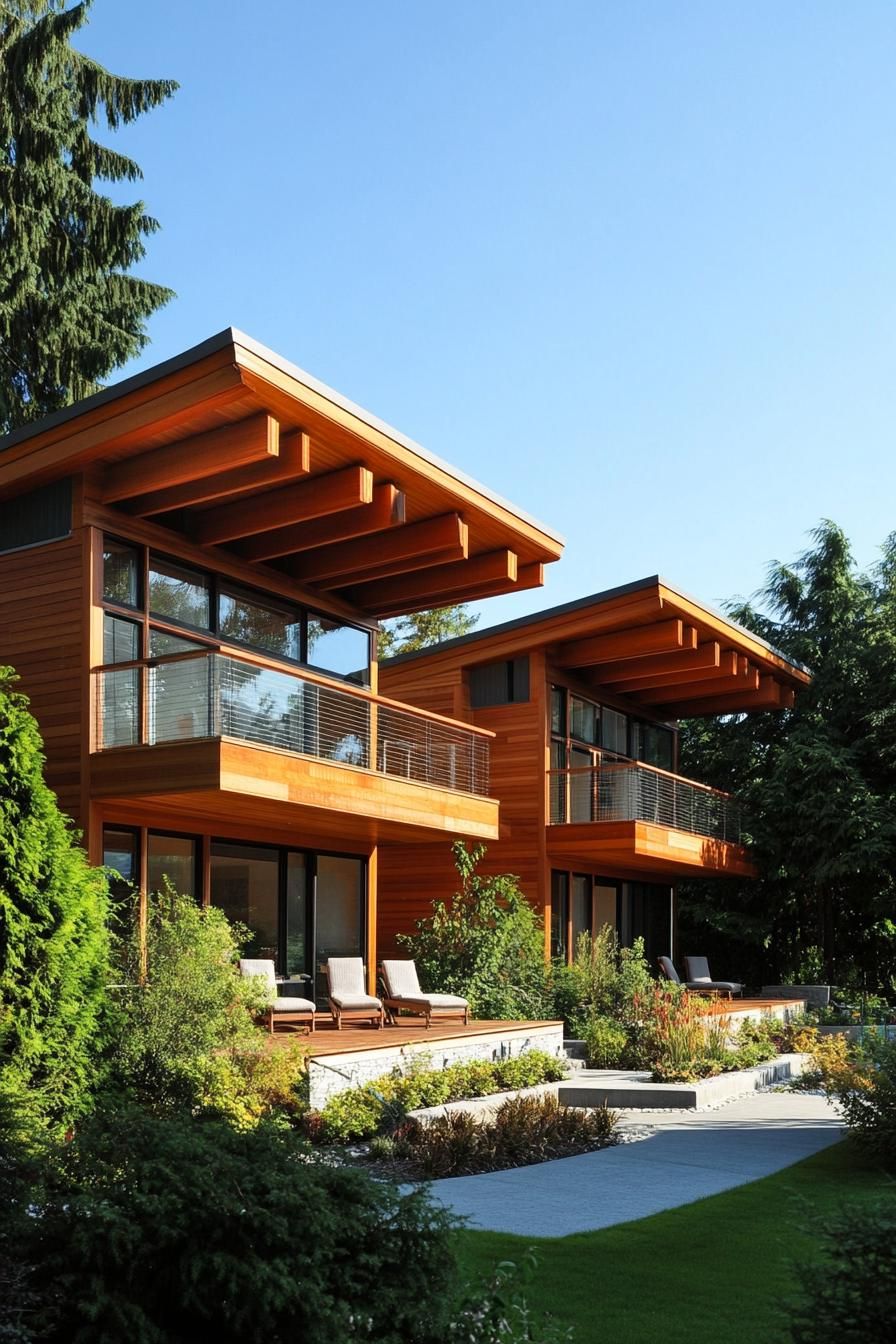 modern wood duplex house facade with larges roof eaves and large geometric deck cover connecting the two duplex house sections 3