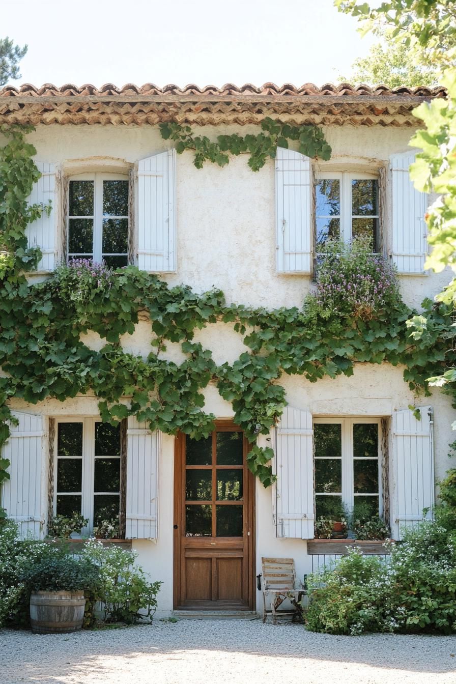 modern French mediterranean house facade with shutters and climbing grape vines 2