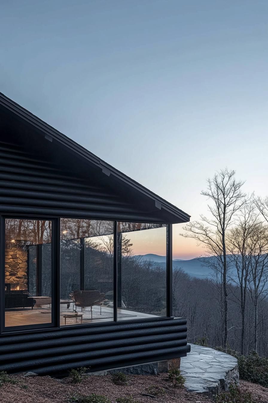 modern mountain black wood log cabin facade with floor to ceiling windows with stunning Appalachian mountain views