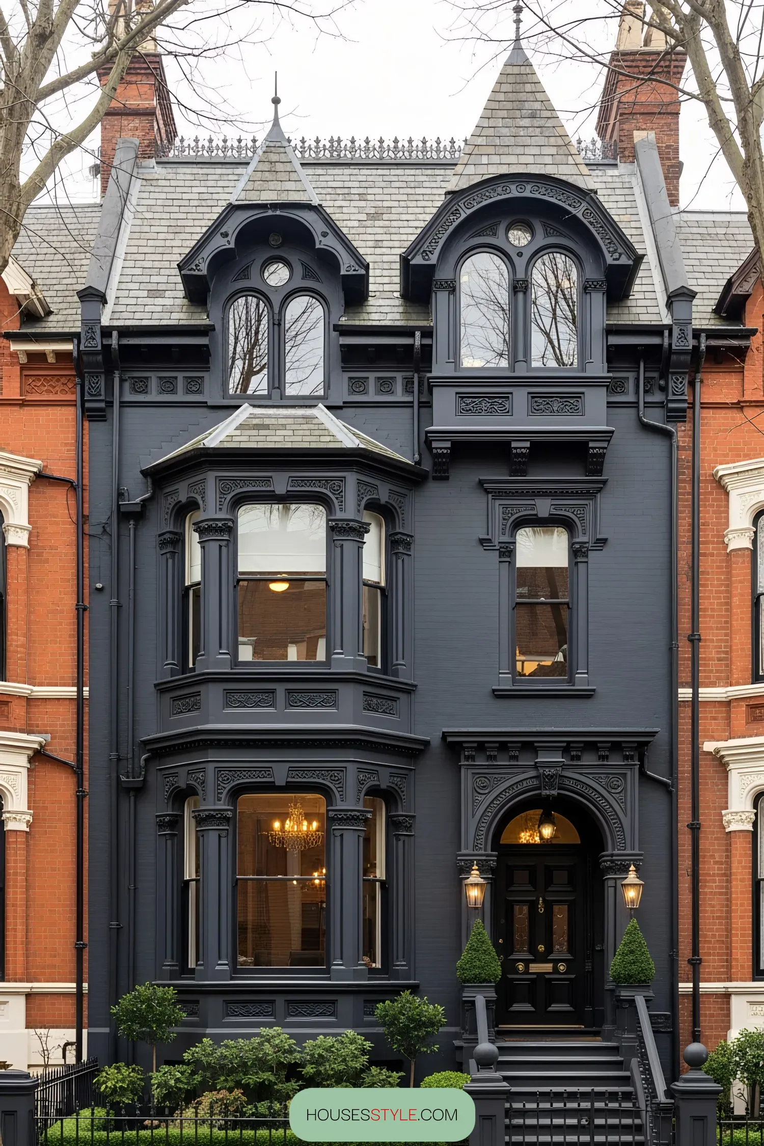 Black Victorian house with ornate detailing and large bay windows