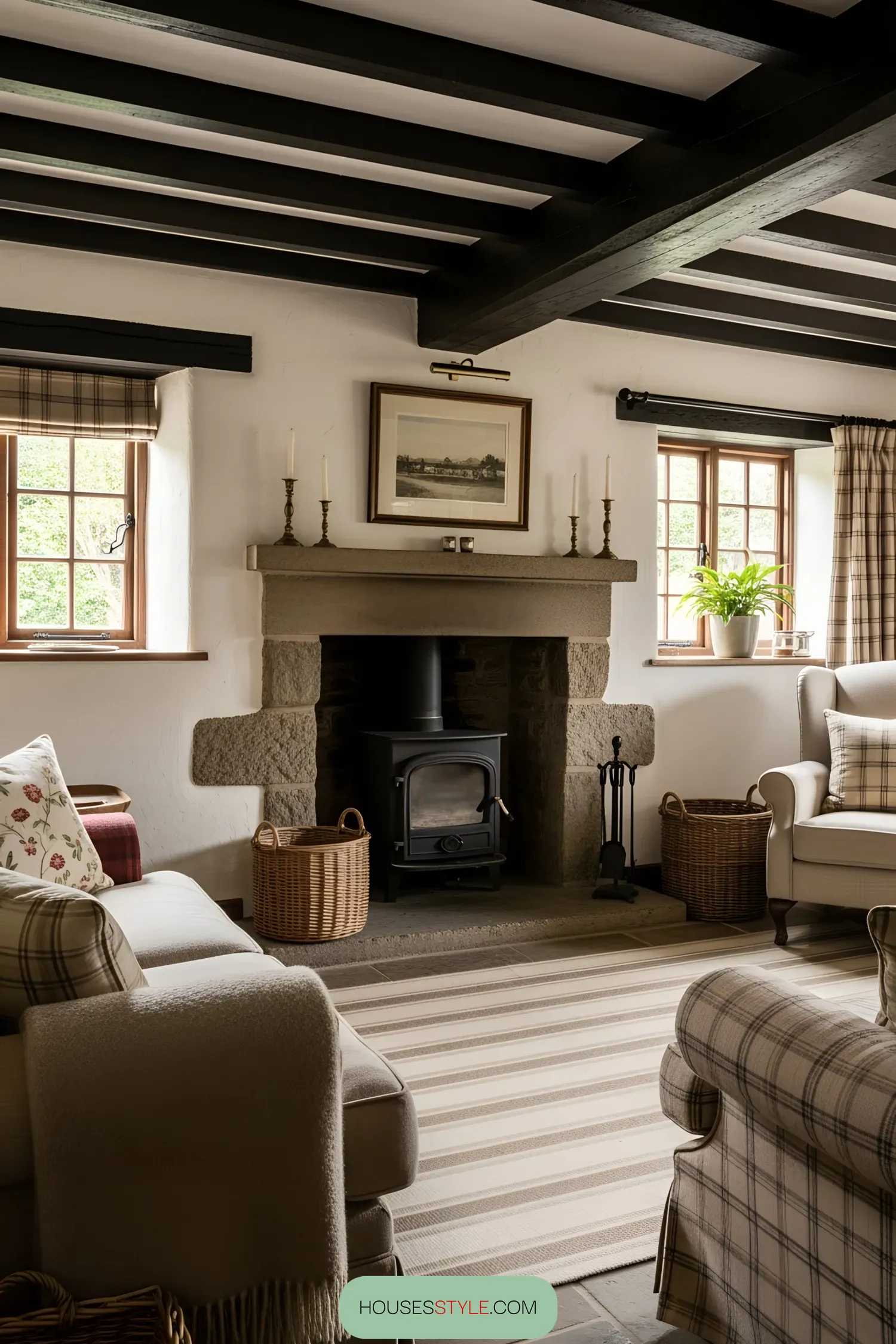 Charming cottage living room with stone fireplace and comfy chairs