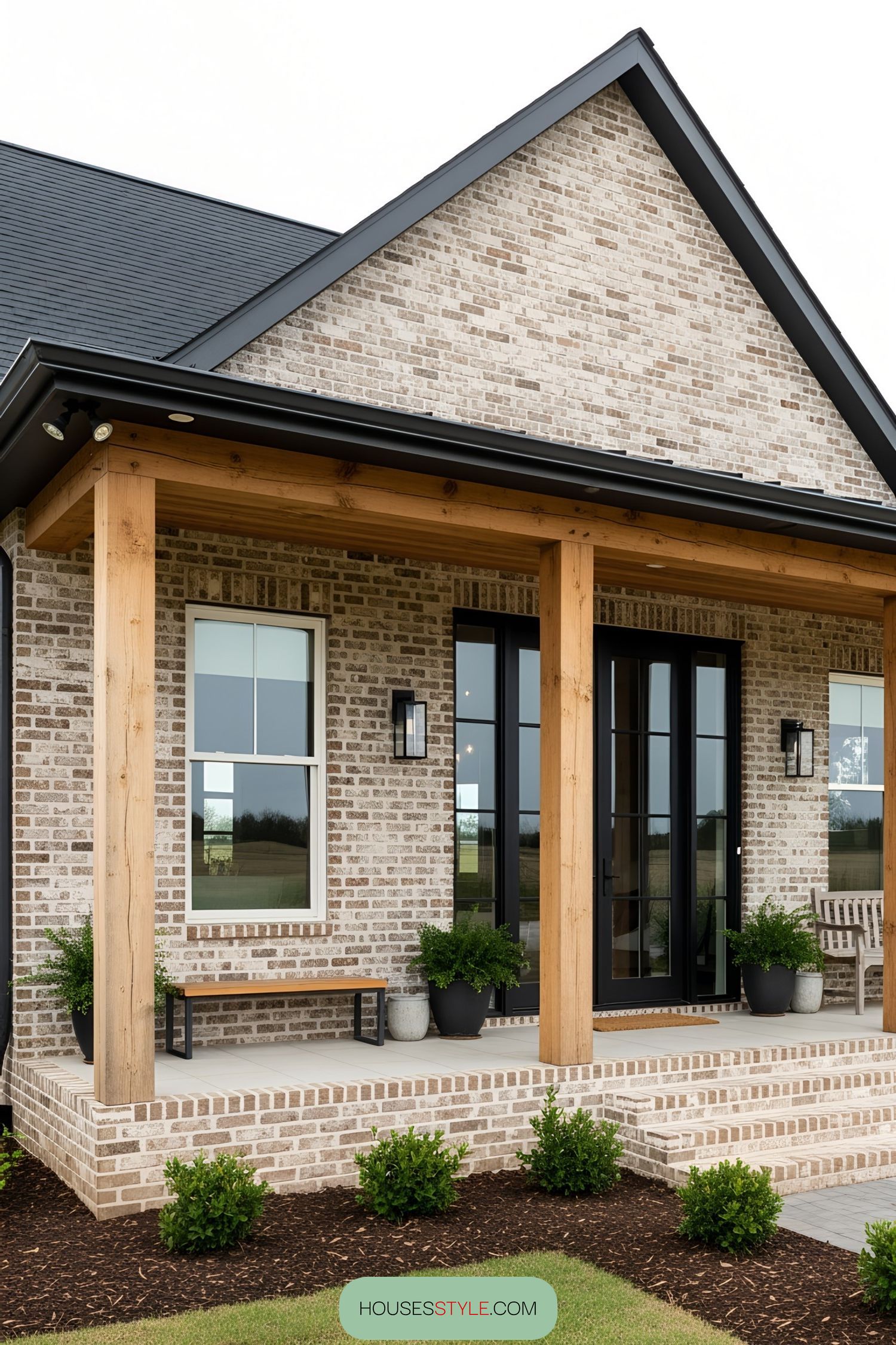 A charming brick house with a wooden porch